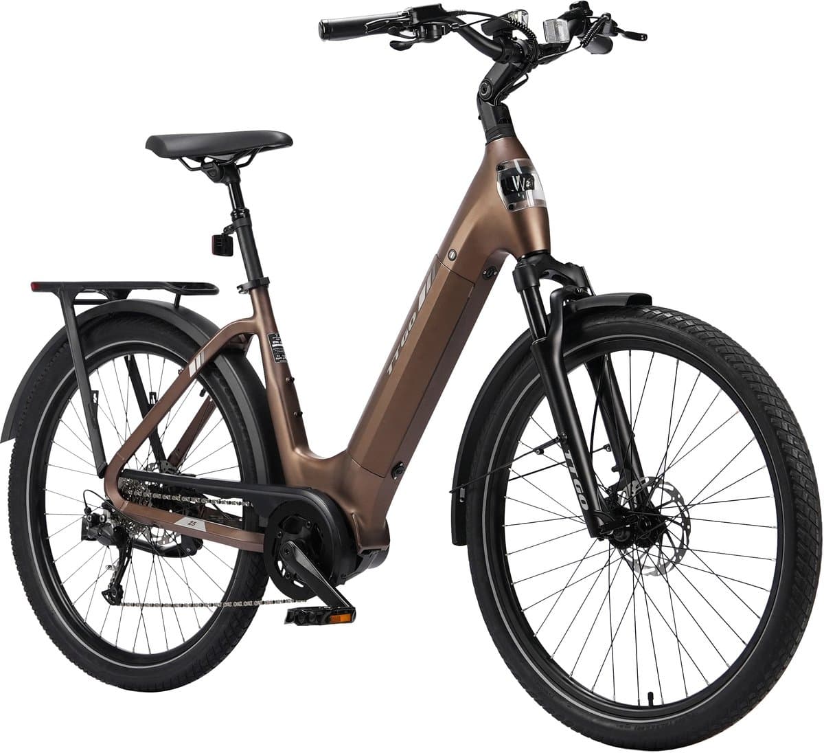 Elektrische Fiets TTGO Z5 - 250W MiddenMotor Stadsfiets - 36V18Ah Accu - 27.5 Inch Banden - Max Snelheid 25km/u - Max Bereik 110-130km - Shimano 9 Versnellingen - Bruin thumbnail 2