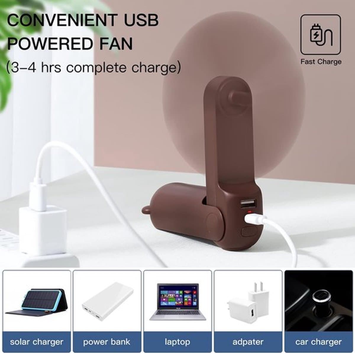 Solvix tafel ventilator geluidloos - Draagbare Ventilator - Bruin - 4800 mAh Powerbank - Maximaal 46 Uur Batterijduur - Voor Thuis en Buitengebruik thumbnail 2