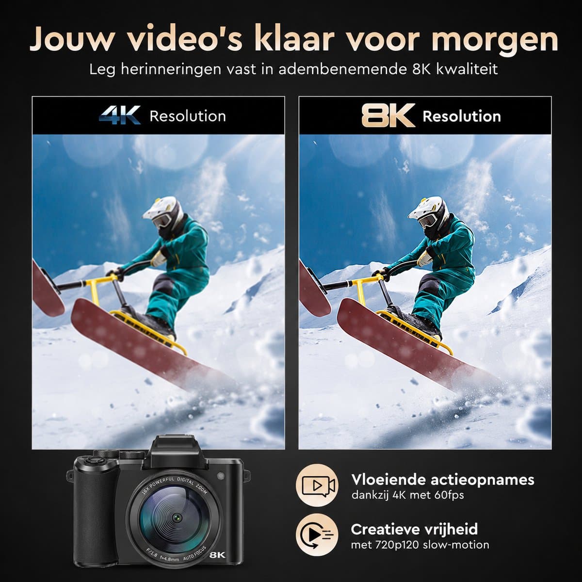K&L Digitale Fotocamera 8K met WiFi - 88MP - 16 x Zoom - 64GB - 60FPS - HDR - Compact Camera - Vlog Camera thumbnail 4