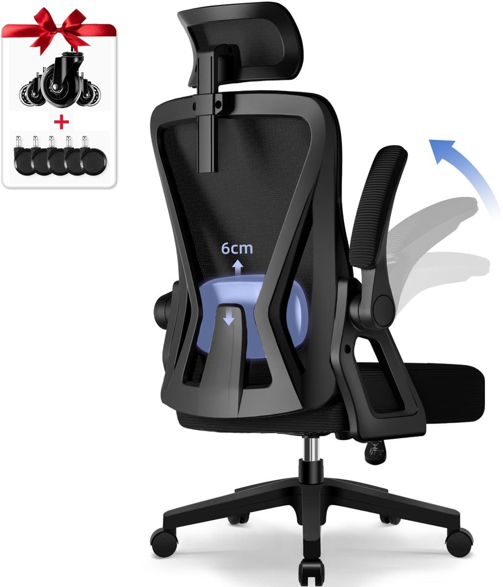 Hiaonyx bureaustoel-ergonomische bureaustoel-bureaustoelen voor volwassenenOpklapbare armleuningen-2D lendensteun-Maximale kanteling 135°-Met stille wielen-Zwart