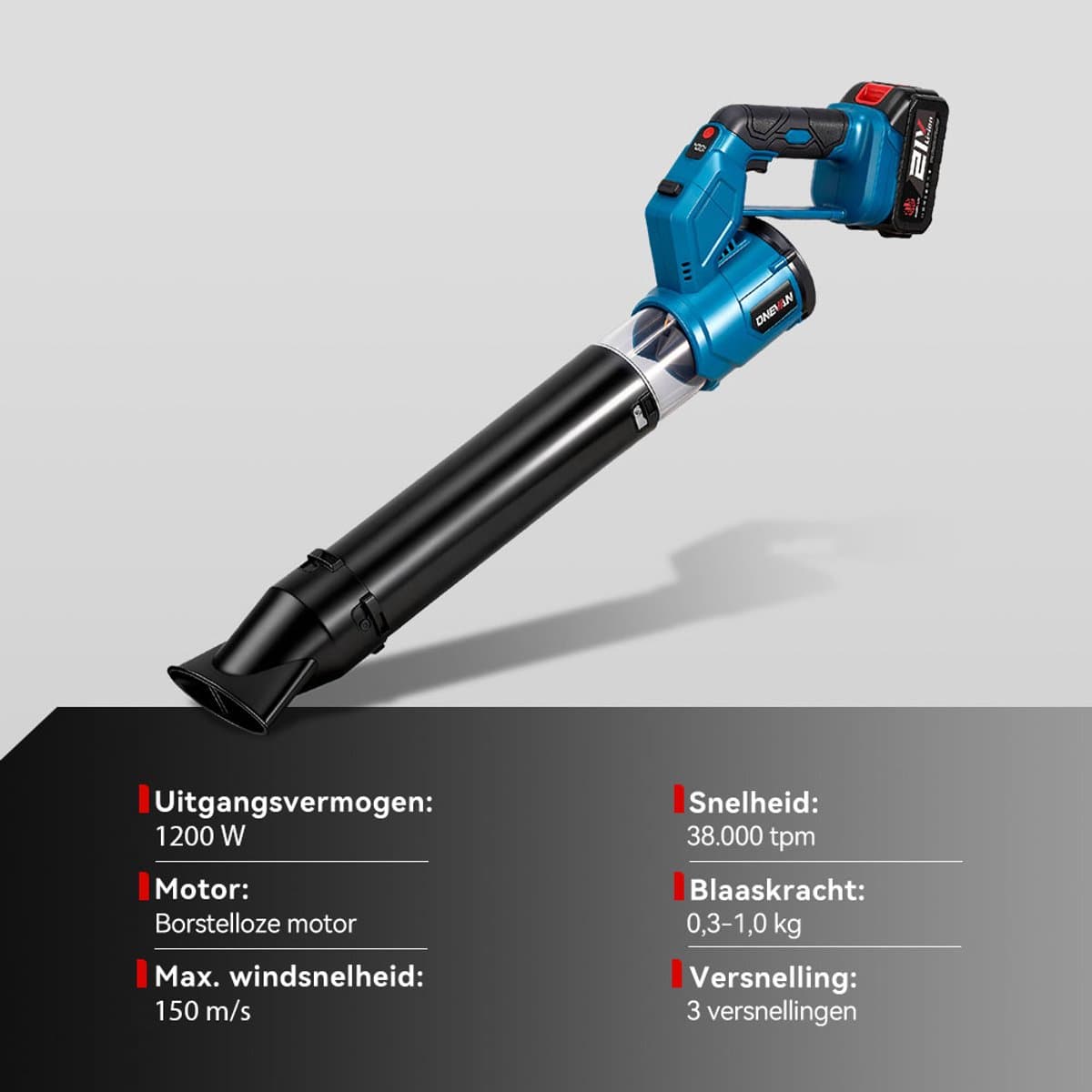 ONEVAN Accu Bladblazer - 432 km/u - Borstelloze bladblazer - extra krachtige - Met 2x 4.0Ah Accu's - 3 versnellingen - voor Tuin, Bladeren, Stof en Sneeuw thumbnail 3