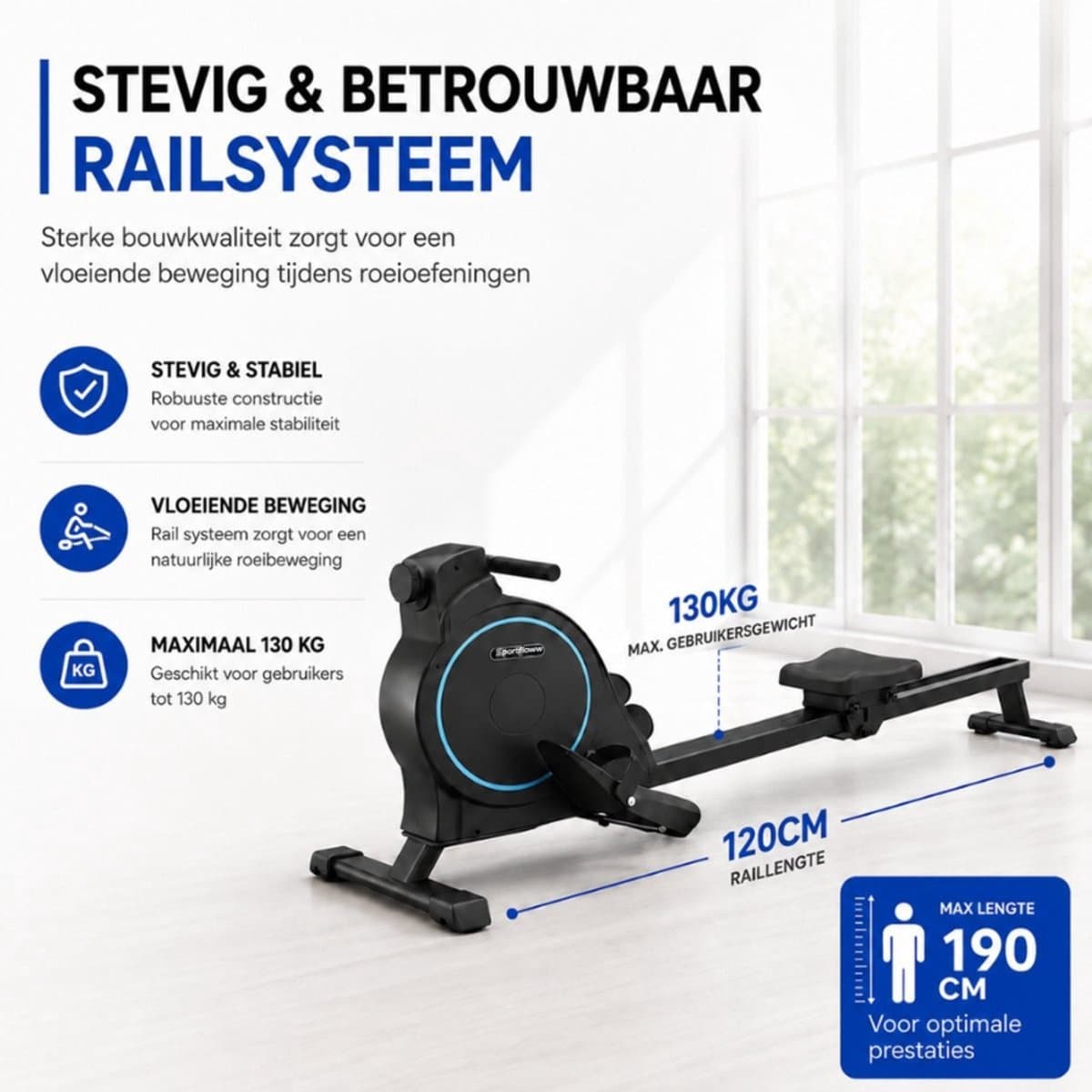 Sportfloww Roeitrainer - Roeimachine Met App - Inklapbaar Roeiapparaat - 16 Weerstandniveaus - Tot 195cm thumbnail 3