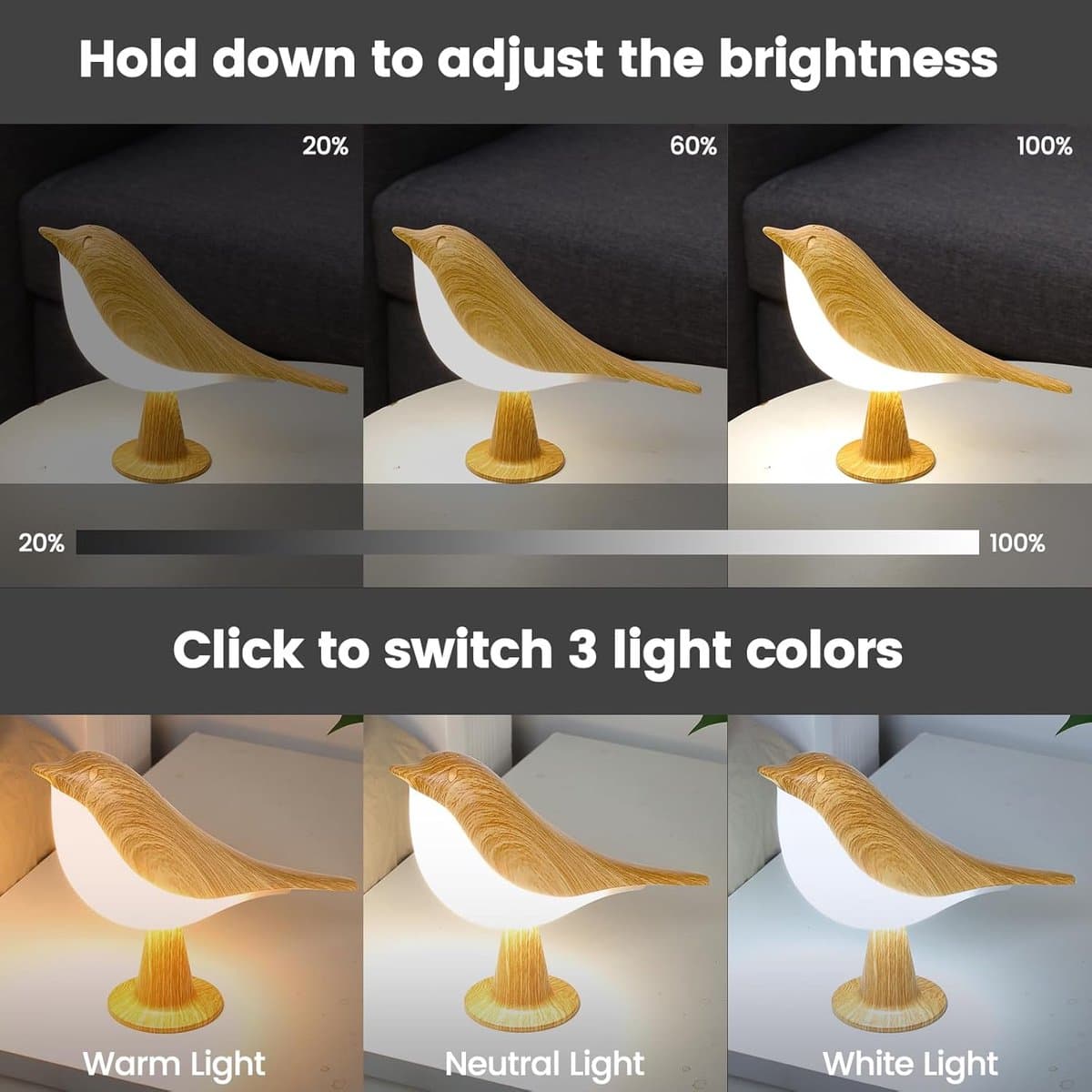 OLOEY Set van 2 kleine-schattige vogeltafellampjes-vogel-nachtlampje met aanraakbediening-draadloze nachtlamp-bureaulamp om bij te lezen-in 3 standen dimbaar-oplaadbare USB-batterij van 2600 mAh-nachtlamp voor de slaapkamer-decoratie thumbnail 4