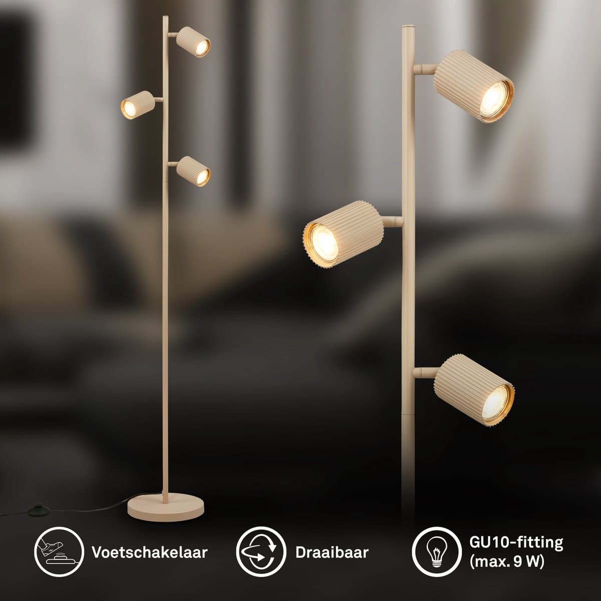 BRILONER Ida - Vloerlamp - woonkamer lamp - bureaulamp - staande lamp met GU10 fitting - h.: 141cm - beige thumbnail 4