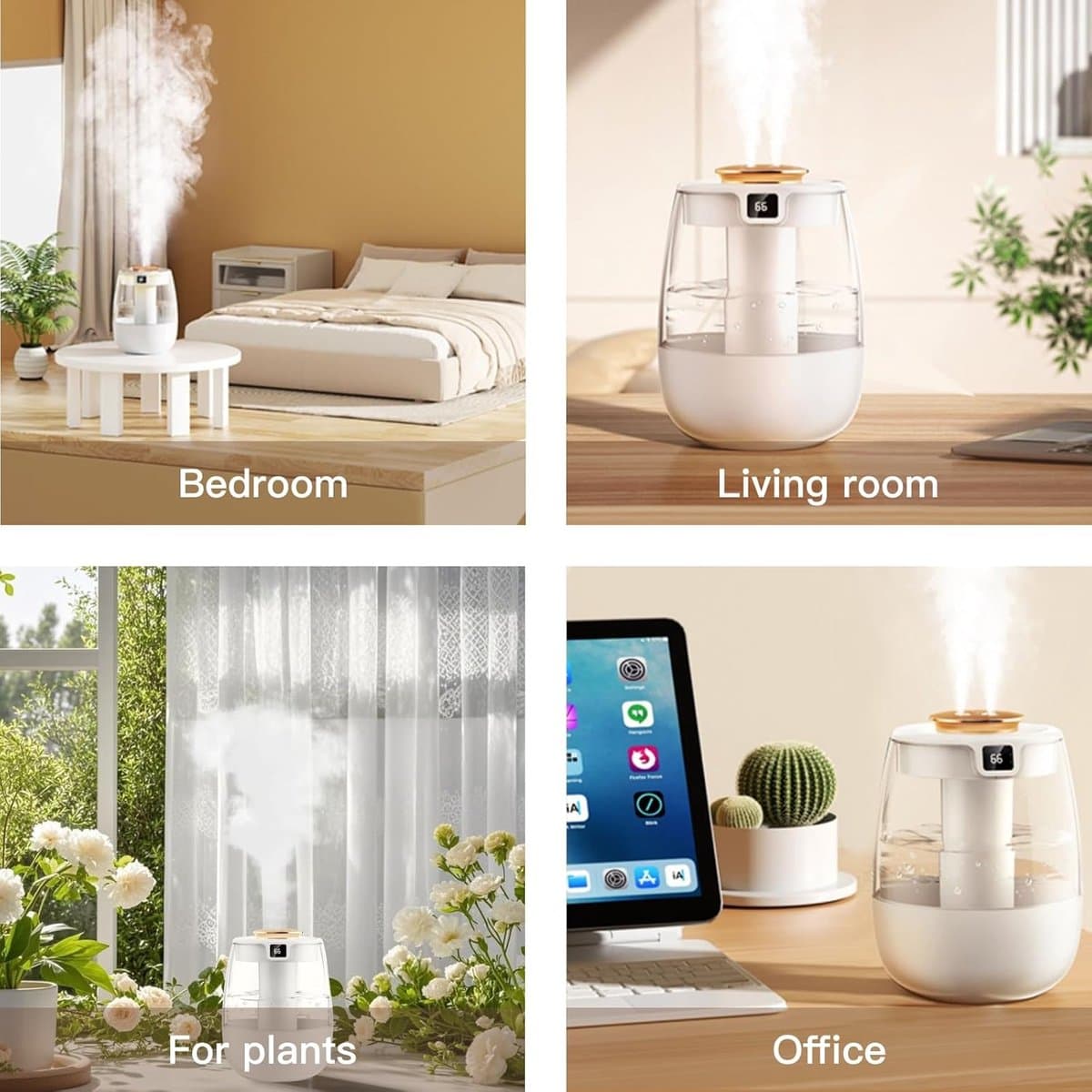 Luchtbevochtiger - met Dubbele Nozzle - 2L Grote Capaciteit - Fluisterstille Bevochtiger - Digitaal Display - Led Nachtlamp - USB-C - Cool Mist Bevochtiger - voor Kantoor, Woonkamer en Planten - Wit thumbnail 3