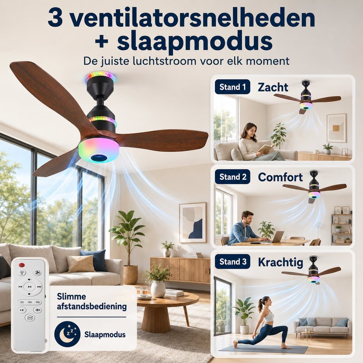 MUPOO Modern Houtlook Plafondventilator met Lamp Ø61cm- Bluetooth Speaker & plafonventilator afstandsbediening-RGB ventilator lamp plafond met 3 Snelheden & Slaapmodus - plafondventilator slaapkamer Woonkamer gamekamer thumbnail 6
