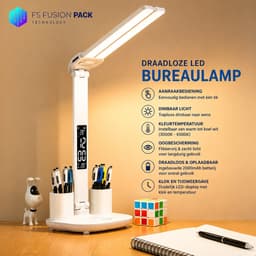 Productfoto van Opvouwbaar LED Bureaulamp Flexibel, Draadloos & Oplaadbaar FS Fusion Pack Dubbele LED Bureaulamp met Klok – Draadloze Oplaadbare Tafellamp 2000mAh – Flexibele Dubbele Leeslamp – Touch Bediening – Dimbaar – Warm Wit & Daglicht – Studielamp-Bureaulamp