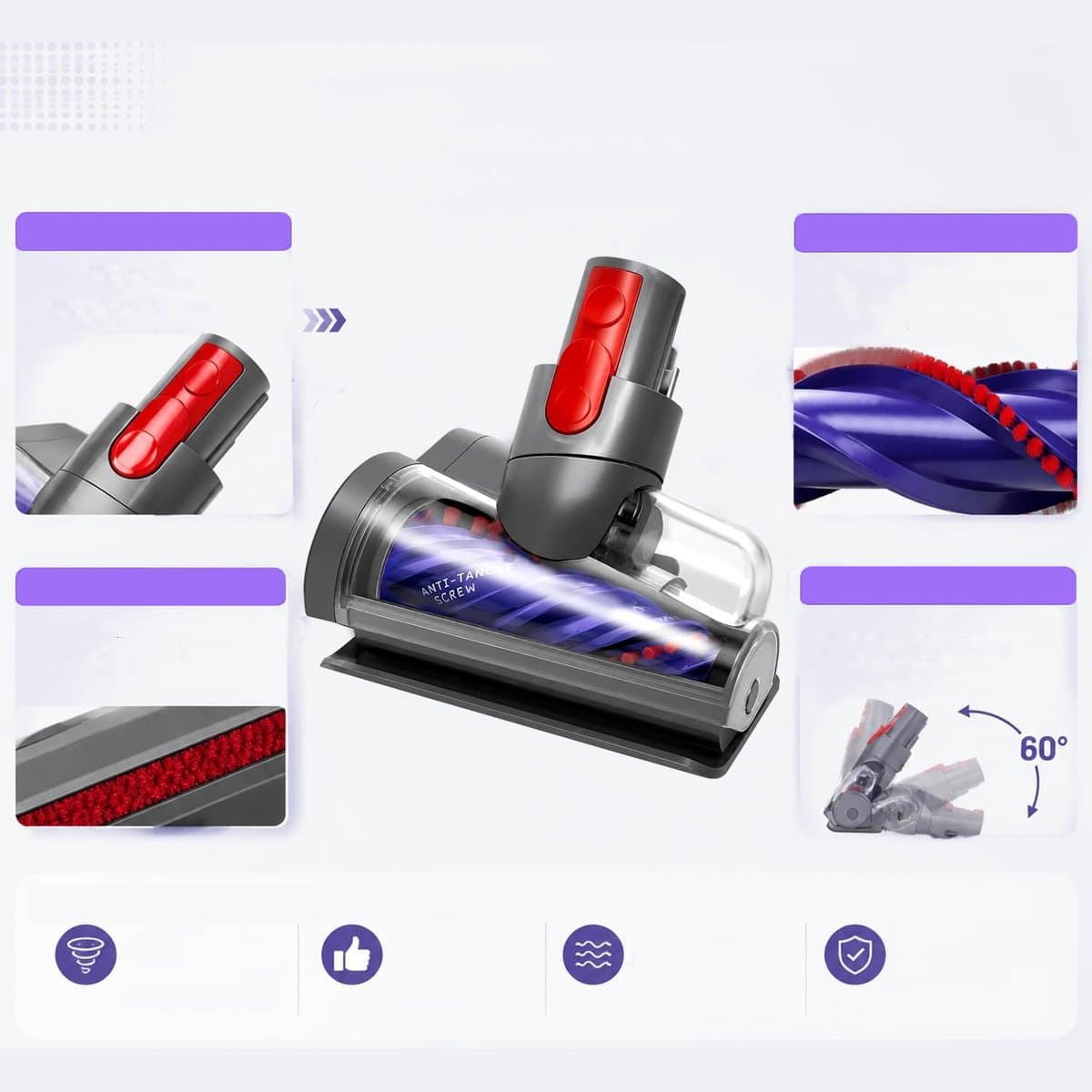 Stofzuigerborstelkop Met Anti-Klitfunctie En Taps Toelopende Borstelrol Voor Dyson V15 V11 V10 V8 V7 - Dieptereiniging Zelfreinigend Compact - Donkergrijs thumbnail 8