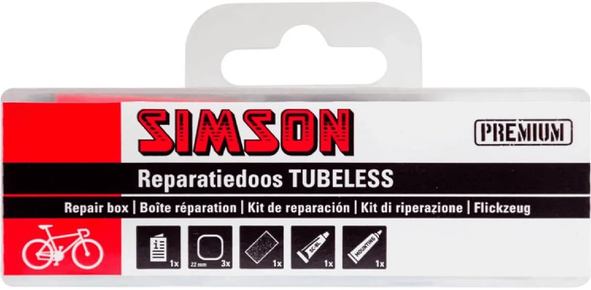Simson Tubeless reparatiedoos rood met pleisters, blauwe solutie en montagevloeistof voor fietsbanden