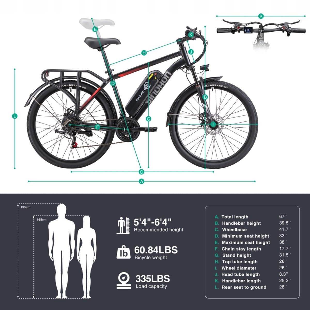 SINOHON EM200 26‘’ Elektrische Fiets – 250W Motor, 48V 12,5Ah Accu, 21 Versnellingen, 25km/u – Stadsfiets met LED-Vertichting thumbnail 2