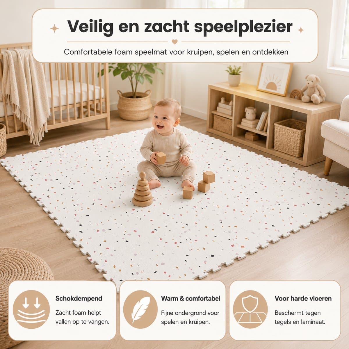 WoonWonder Speelmat baby - Foam - Speelkleed Baby - Dubbelzijdig Opvouwbaar Speelmat - 120 x 180 cm - Terrazzo - Zachte Vloertegels - Inclusief Opbergtas thumbnail 6
