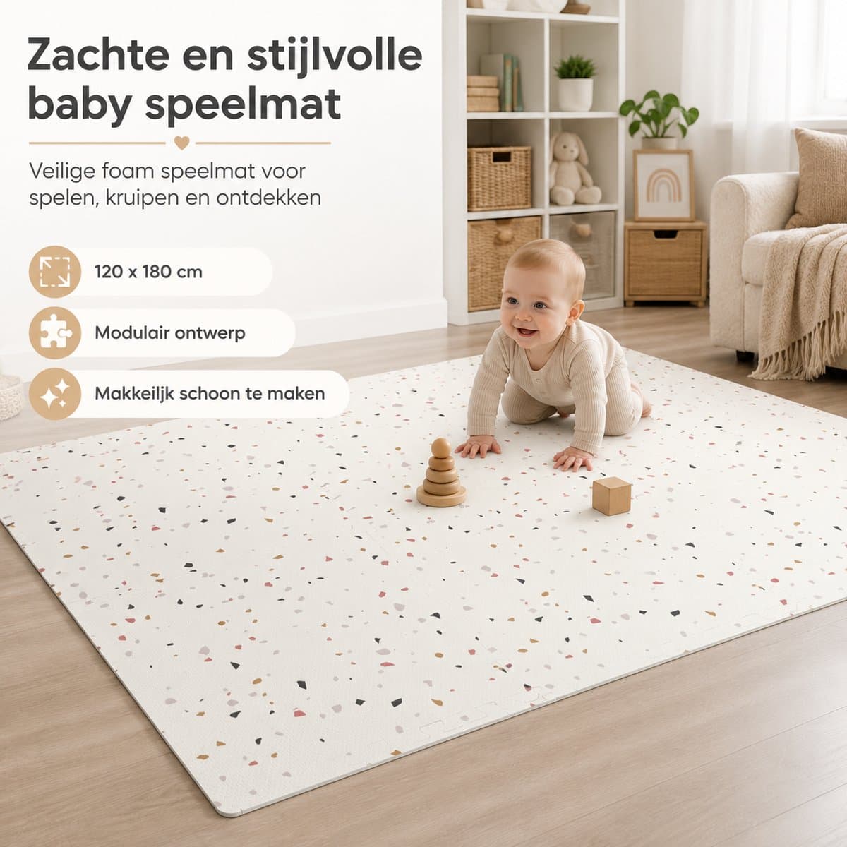 WoonWonder Speelmat baby - Foam - Speelkleed Baby - Dubbelzijdig Opvouwbaar Speelmat - 120 x 180 cm - Terrazzo - Zachte Vloertegels - Inclusief Opbergtas thumbnail 3