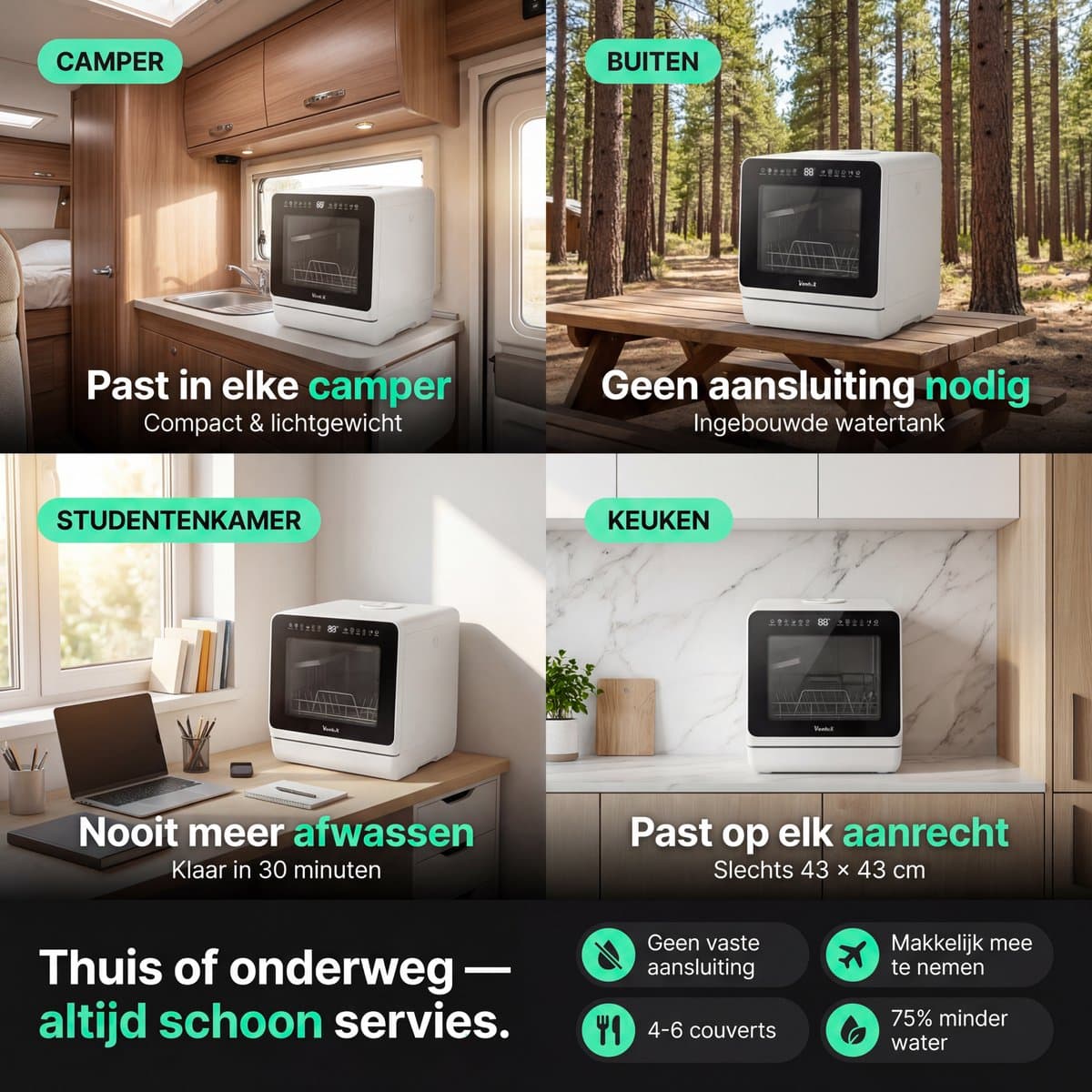 Ventux Mini Vaatwasser met Waterreservoir - 4-6 Couverts - 8 Programma's - Kleine Smalle Vrijstaande Vaatwasser - Mini Afwasmachine met UV-sterilisatie - Camping - Wit thumbnail 7