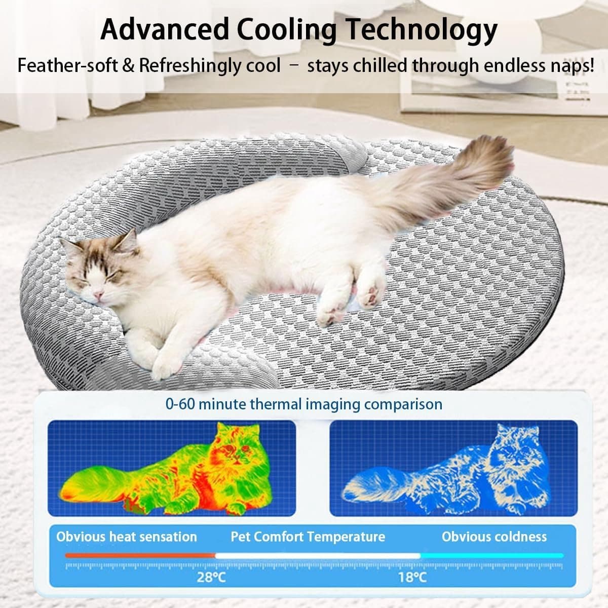 OLOEY Zomers verkoelend kattenbed voor binnenkatten-orthopedisch hondenbed met nekondersteuning-ademend en wasbaar huisdierbed met antisliponderkant-Rustgevend knuffelbed voor katten-honden-puppy's en kittens-Grijs(L) thumbnail 4