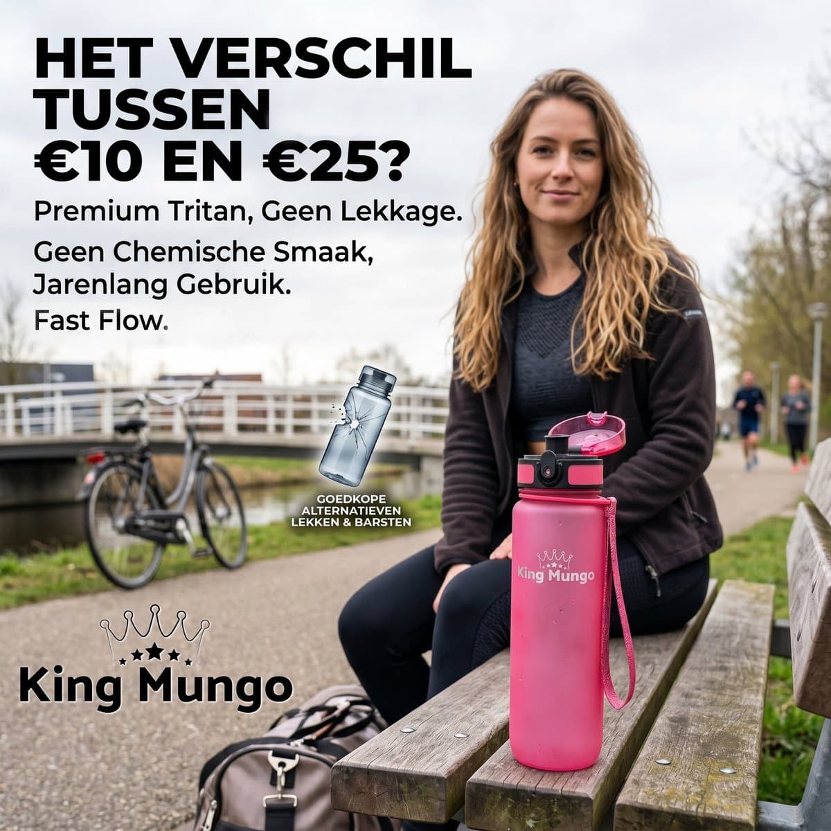 King Mungo Drinkfles 1 Liter Transparant Donkerblauw - 100% Lekvrij & BPA-vrij Tritan - Waterfles & Sport Bidon Volwassenen -Vaatwasserbestendig Zonder Rietje - Drinkbus 1000ml thumbnail 7