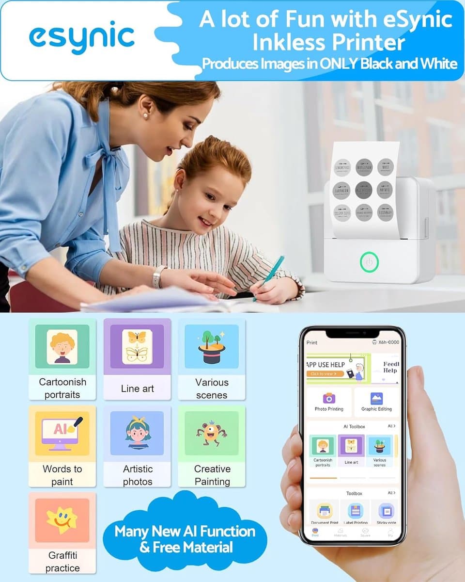Mini printer voor mobiel – Bluetooth stickerprinter – Draagbare thermische printer zonder inkt – Voor foto’s, notities & labels – Inclusief zelfklevend papier thumbnail 2