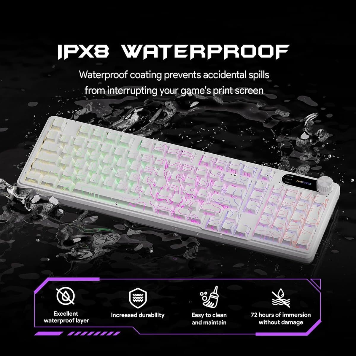 Furycube IP98 PRO - Mechanisch-Feeling Gaming Toetsenbord - 98 Toetsen - RGB Verlichting - Bedraad - 5000mAh Batterij - Wit thumbnail 3