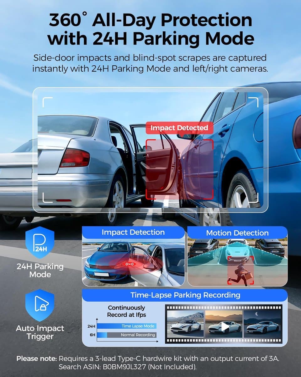 AZDOME M660 2.5K 4CH 360° Dash Cam, Geheugenkaart 256GB + 64GB, 4 Camera's (voor + achter + links + rechts), GPS, 5G WiFi, 3" Touchscreen, G-Sensor & IR Nachtzicht - Professionele Auto Beveiliging - Haarscherpe Nachtzicht - Dashcam Auto 2026 Model thumbnail 6