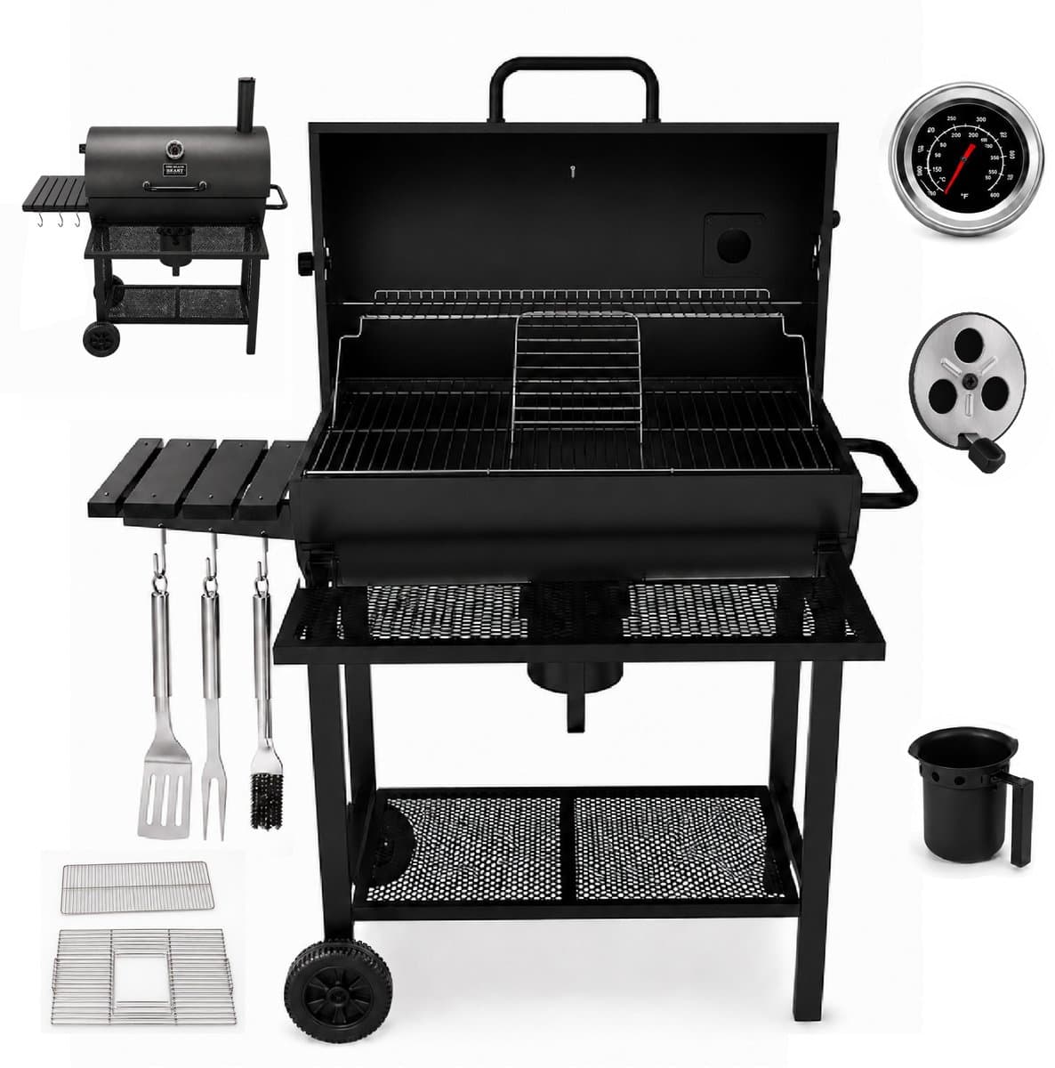 Houtskool BBQ - Smoker Barbecue XL - BBQ met Wielen - 70x37cm Grilloppervlak - Zijpanelen - Zwart thumbnail 4