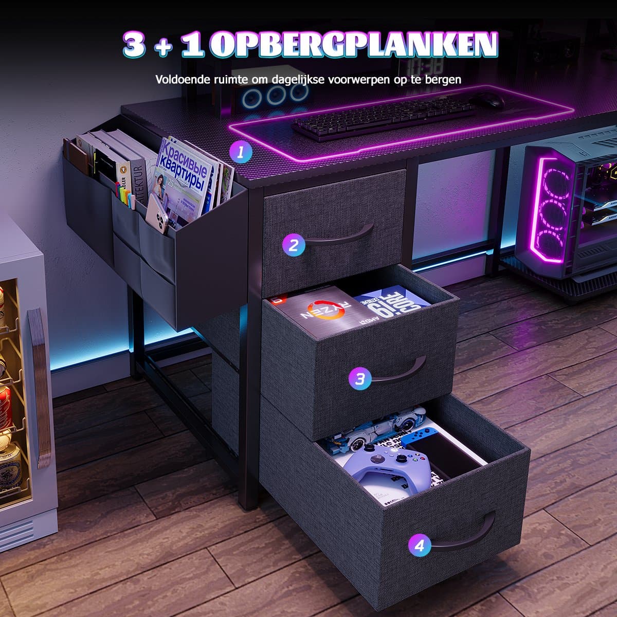 Gaming Bureau met LED Verlichting - 148x100x148 cm - L-Vormig Hoekbureau met Stopcontact - 3 Non Woven Lade - Gaming Desk - Computer Tafel - Gaming Tafel - met Opbergplanken, Tas & IJzeren Haak - Zwart - Bureau voor Gamen, Studeren en Werken thumbnail 5