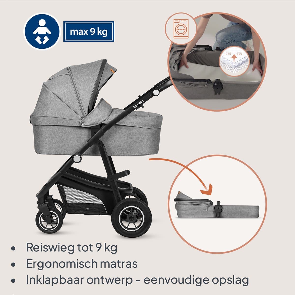 Lionelo Bianka Kinderwagen 3 in 1 - Reiswieg + Wandelwagen + Autostoel - Grote Luchtbanden, Volledige Vering - Inklapbaar - Verstelbare duwstang - Buggy Omkeerbare Zitting - 0-22kg - Accessoireset - Grijs thumbnail 5