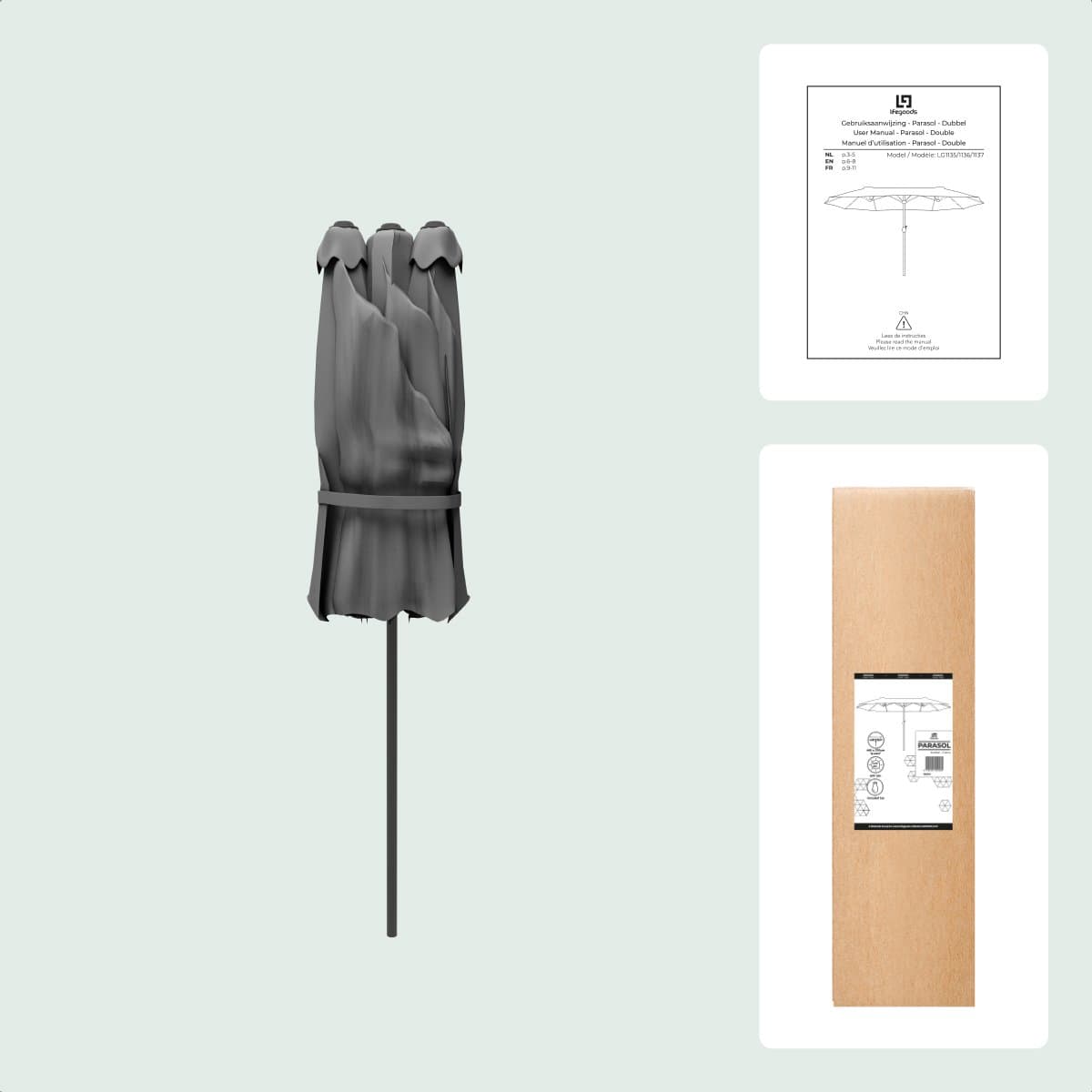 LifeGoods Dubbele Parasol - Tuin - 270x460cm - tot 15 Personen - Waterdicht - UPF50+ - Donkergrijs thumbnail 7