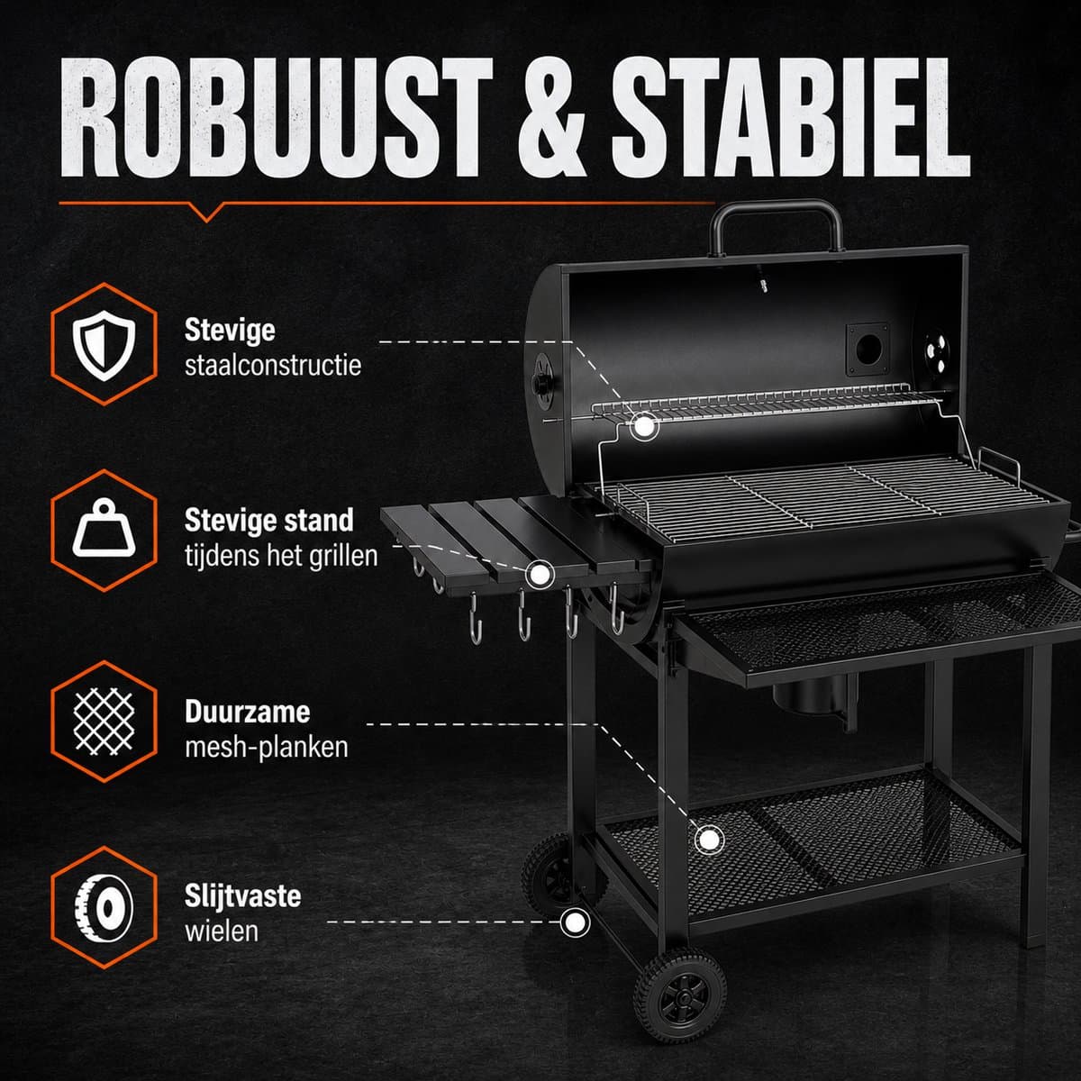 Houtskool BBQ - Smoker Barbecue XL - BBQ met Wielen - 70x37cm Grilloppervlak - Zijpanelen - Zwart thumbnail 8