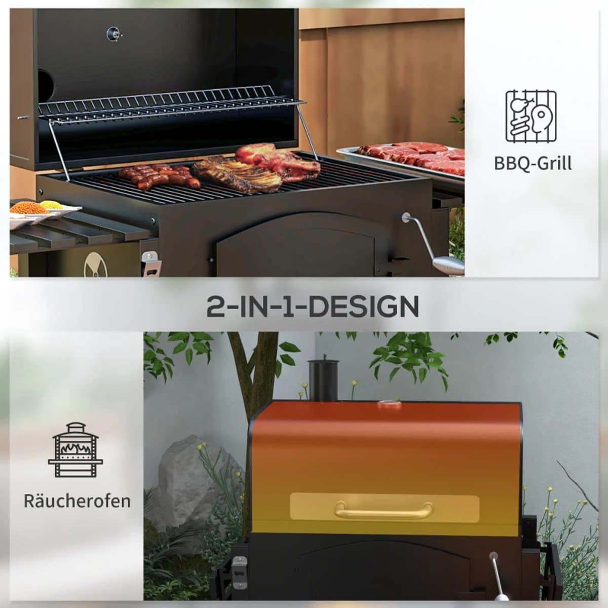 Premie 3-in-1 Houtskool Barbecue - Smoker Barbecue met Rookfunctie - Houtskoolgrill - met Verstelbaar Houtskoolcompartiment, Deksel, Handgrepen, Thermometer, Wielen - BBQ voor Kamperen, Buiten, Tuin - 124 x 66 x 112 cm - Zwart thumbnail 7