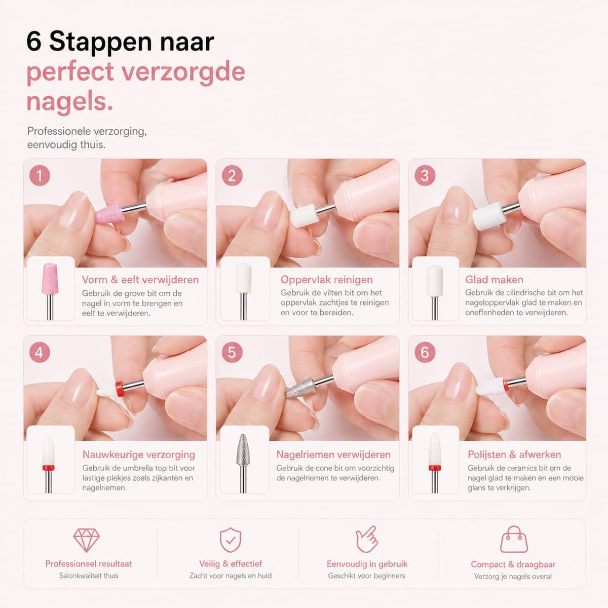 BOTC Elektrische Nagelvijl met Oplaadstation - Nagelfrees - Draadloos en Oplaadbaar - Nagelvijl - Manicure & Pedicure set - Roze thumbnail 5