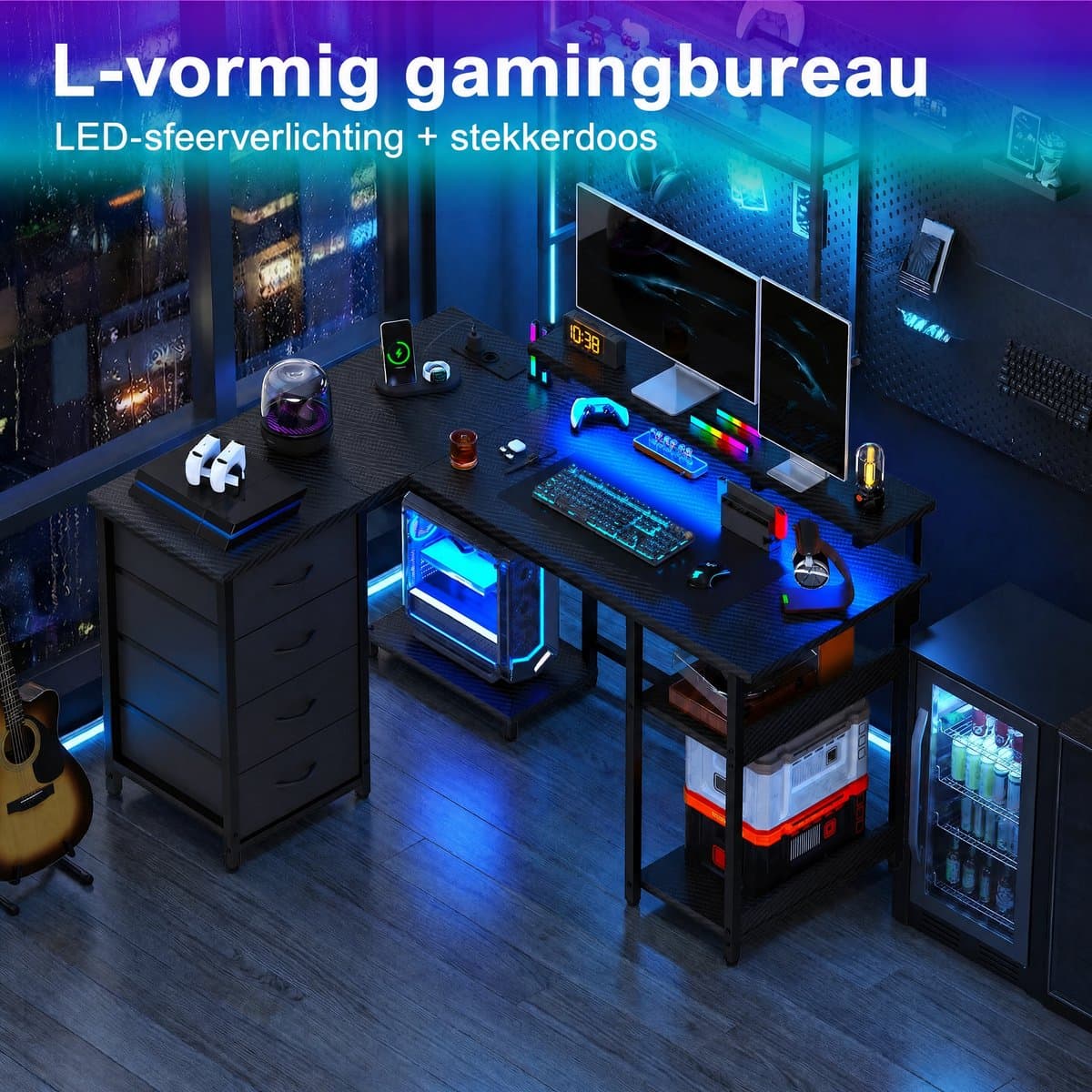 Devoko L-Vormig Gaming Bureau 135 x 50/40 x 73.5/88.5 cm – Met RGB LED-Lichtstrook – 12 mm E1 Spaanplaat – Koolstofvezel Zwart – Inclusief EU Stekkerdoos met 2 USB – Zwart thumbnail 4
