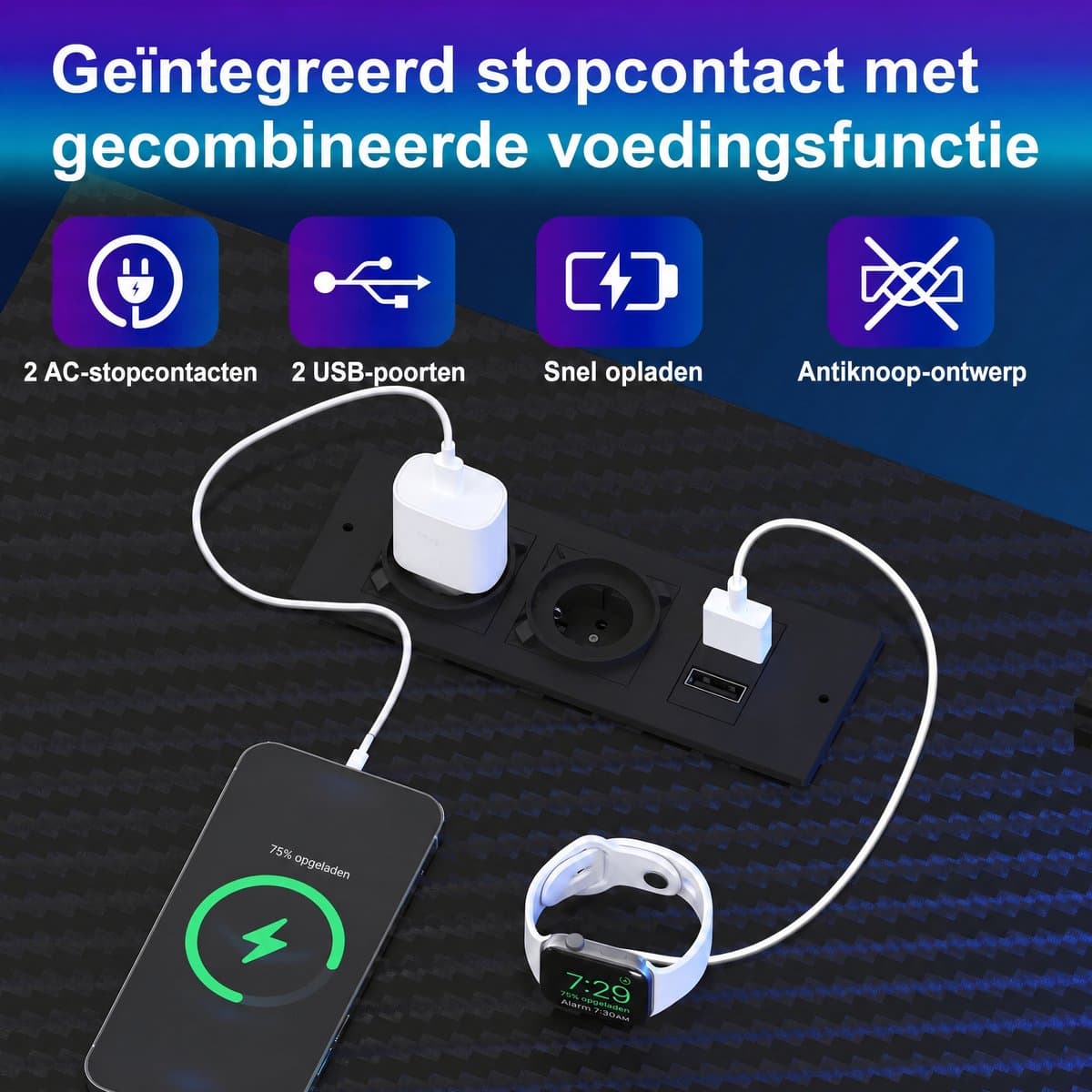 Devoko L-Vormig Gaming Bureau 135 x 50/40 x 73.5/88.5 cm – Met RGB LED-Lichtstrook – 12 mm E1 Spaanplaat – Koolstofvezel Zwart – Inclusief EU Stekkerdoos met 2 USB – Zwart thumbnail 3