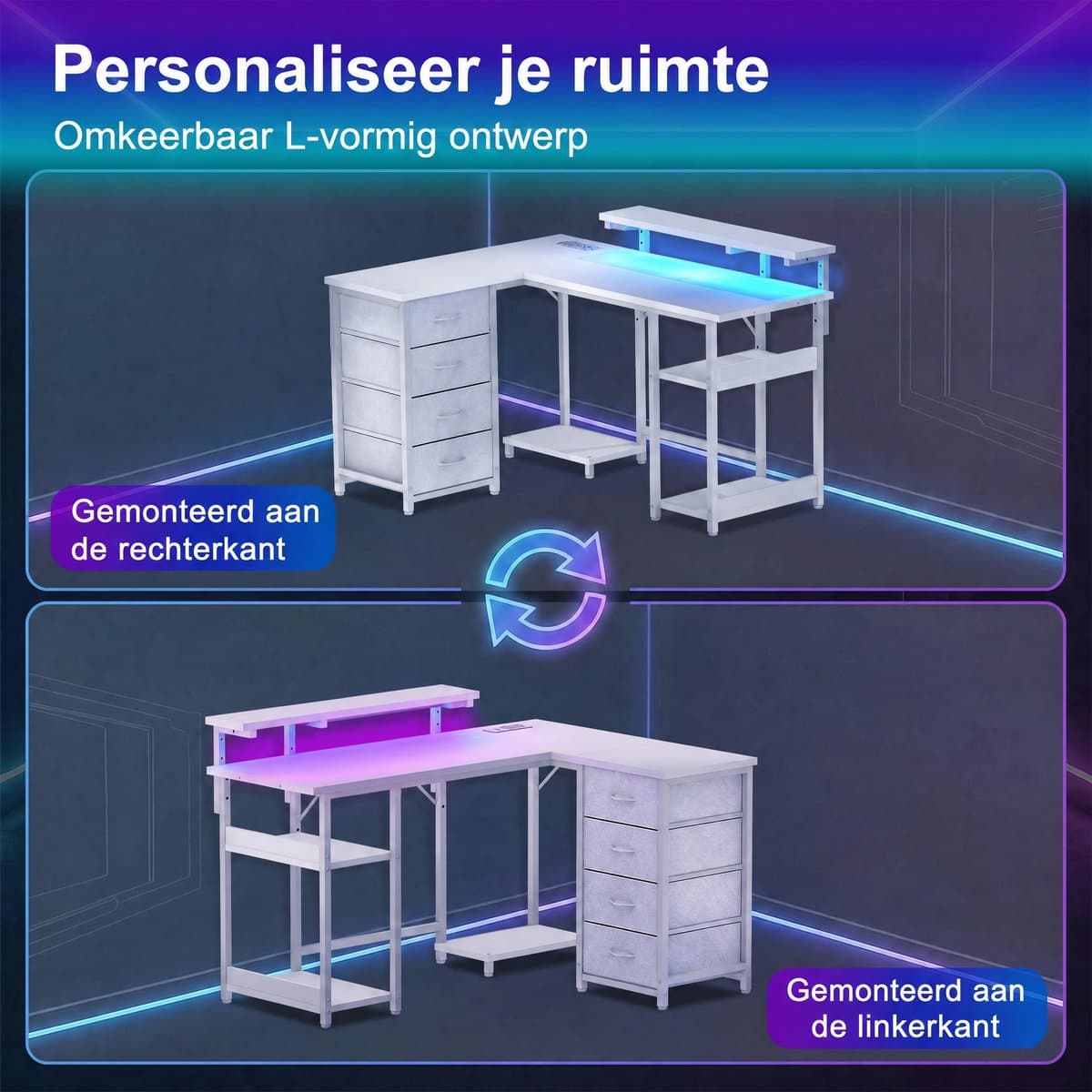 Devoko L-Vormig Gaming Bureau 135 x 50/40 x 73.5/88.5 cm – Met RGB LED-Lichtstrook – 12 mm E1 Spaanplaat – Koolstofvezel Wit – Inclusief EU Stekkerdoos met 2 USB – Wit thumbnail 6