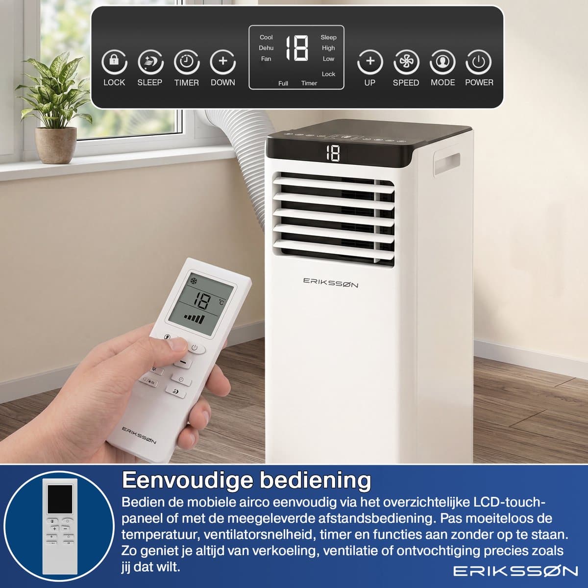 Erikssøn Mobiele Airco - 10.000 BTU - Incl. Raamafdichtingskit - Tot 30m² - 4-in-1 - Airconditioning - Ventilator - Ontvochtiger - Wit thumbnail 5