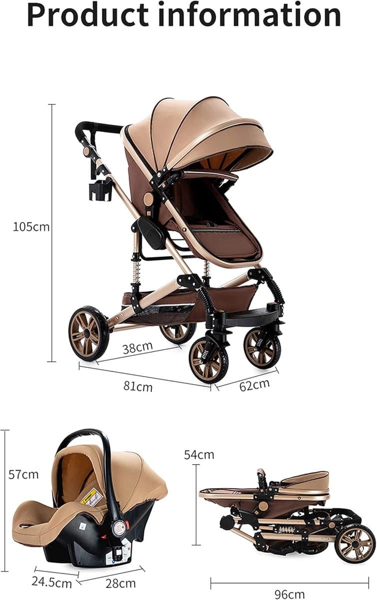 Luxe 3-in-1 Kinderwagen - Wandelwagen - Autostoeltje - Buggy - Inklapbaar - Khaki/Bruin - 0-36 Maanden thumbnail 7