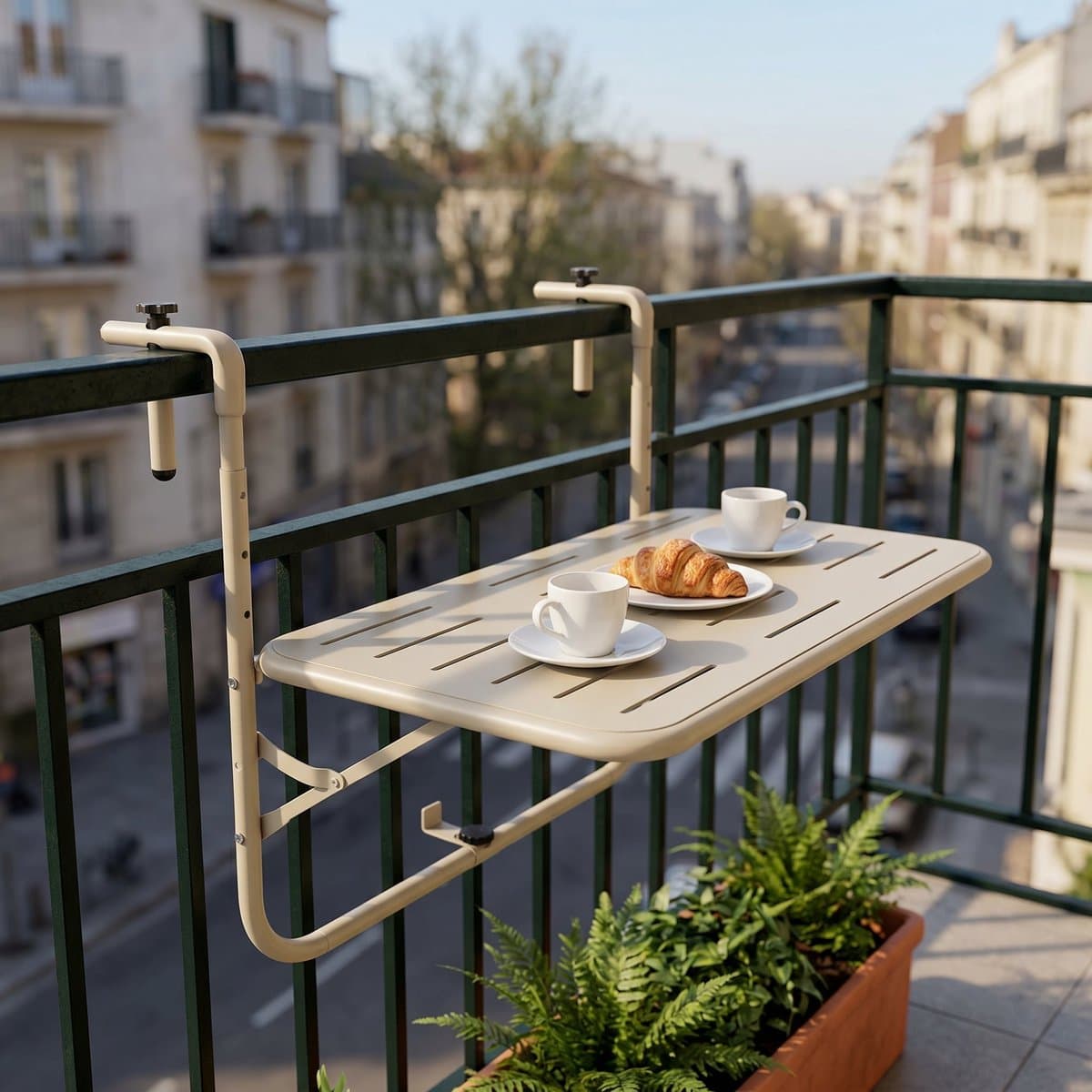 Lomera Balkontafel Hangend - Inklapbaar - Hangtafel - Klaptafel - Balkon Tafel voor Reling - in Hoogte Verstelbaar - Opklapbaar - Balkonbar - Bijzettafel Buiten - Weerbestendig - Tuintafel - Mat Beige