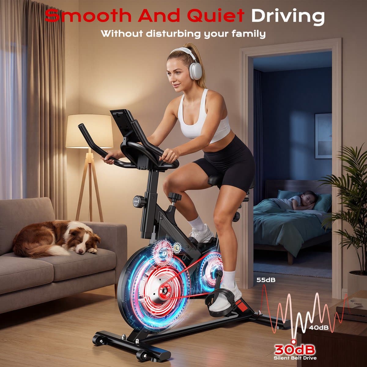 BIGZZIA hometrainer met instelbare weerstand van 0-100%, stille hometrainer met LCD-scherm, fitnessfiets met tablethouder, indoorfiets voor cardiotraining, tot 120 kg thumbnail 5