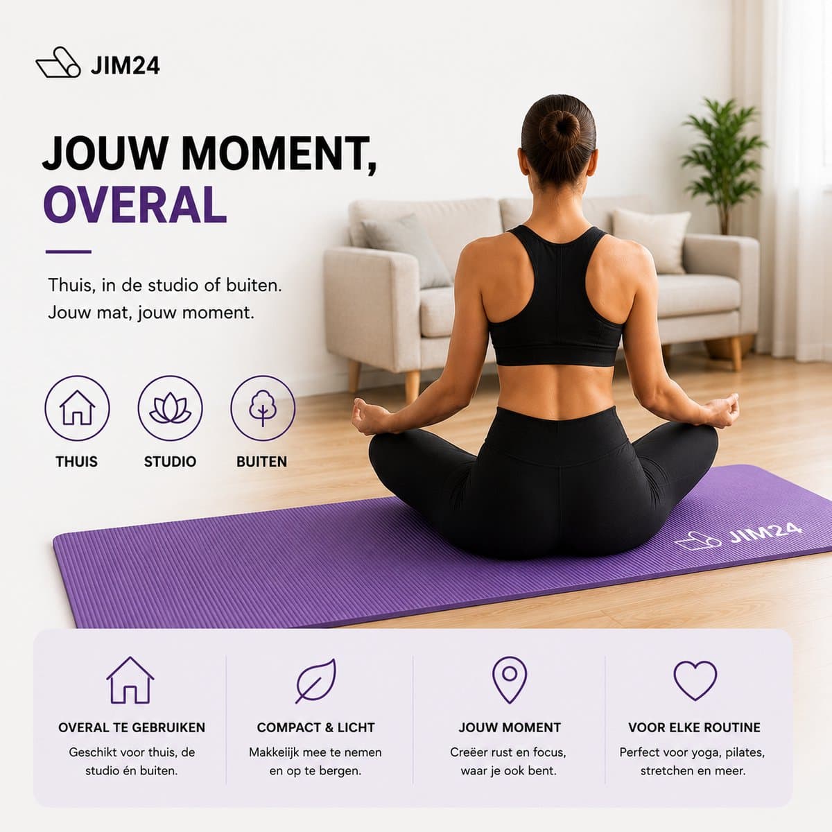 Jim24 Yogamat - Yoga Mat Extra Dik - 15 mm - Fitness Mat - Sport Mat - Antislip - Slijtvast - Incl. Draagtas - Paars thumbnail 6