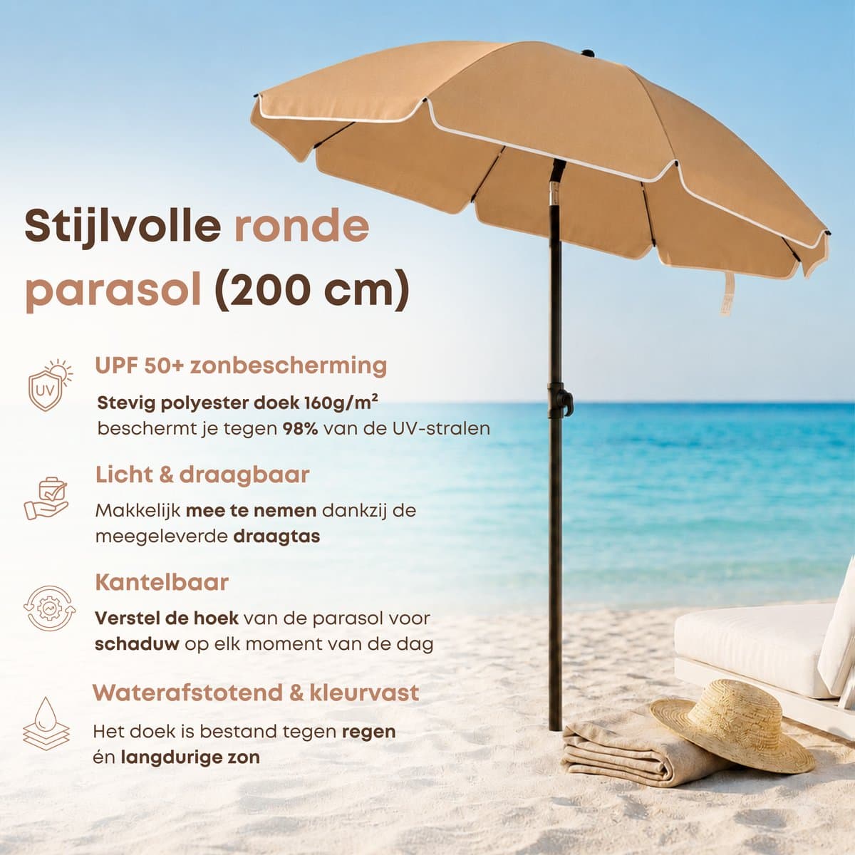 ACAZA Parasol - Strandparasol - Zandbruin - 200 cm diameter - inclusief Draagtas - Rond - Tuinparasol - Kantelbaar - Waterdicht - Terras Parasol voor Appartement - Parasol Strand - Tot 3 Personen thumbnail 2