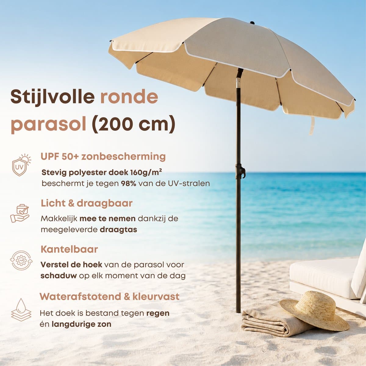 ACAZA Parasol - Strandparasol - Beige - 200 cm diameter - inclusief Draagtas - Rond - Tuinparasol - Kantelbaar - Waterdicht - Terras Parasol voor Appartement - Parasol Strand - Tot 3 Personen thumbnail 2