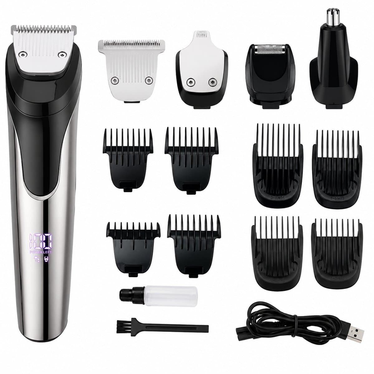 Tondeuse voor Mannen - Haartrimmer Mannen – Baardtrimmer Mannen - Tondeuse Hoofdhaar - Professionele 5 in 1 trimmer voor baard, haar & body – Waterproof IPX7 – 180 Min Batterij – 12 Opzetstukken - Neustrimmer - Oortrimmer