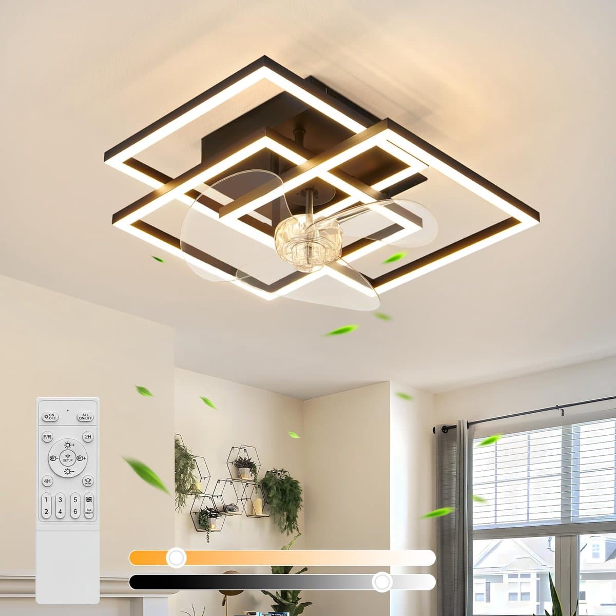 Glitzerlife - Plafond ventilator met verlichting - Modern Dimbaar Led Licht - Stille plafondventilator - 6 Snelheden Omkeerbaar - Nachtlicht Timer Geheugenfunctie - 37 Cm - Zwart