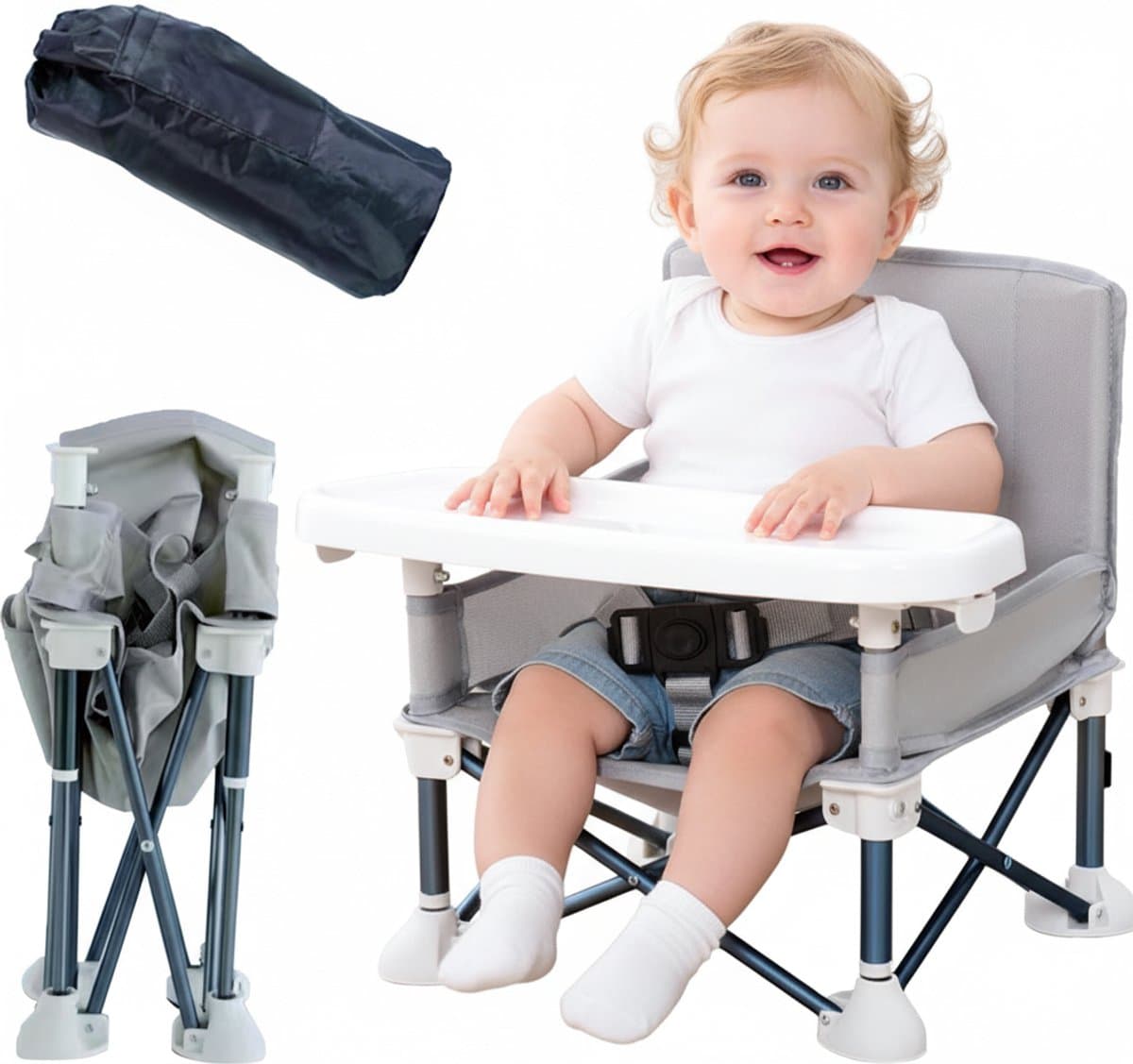 Opvouwbare Stoelverhoger Baby Grijs – Inklapbaar Kinderzitje voor Eetkamerstoel & Onderweg – Travel Booster Seat met Afneembaar Dienblad & Draagtas – 6 Maanden tot 3 Jaar thumbnail 8