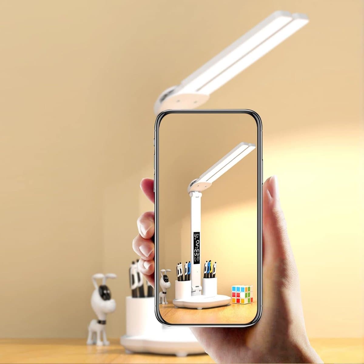 LED-bureaulamp - Bureaulamp voor op kantoor - Dimbaar, oplaadbaar, draadloos - Met klok, pennenhouder, lcd-scherm, kalender en temperatuurweergave - 3 lichtkleuren - 3200 mAh batterij - Unisex - Wit thumbnail 2