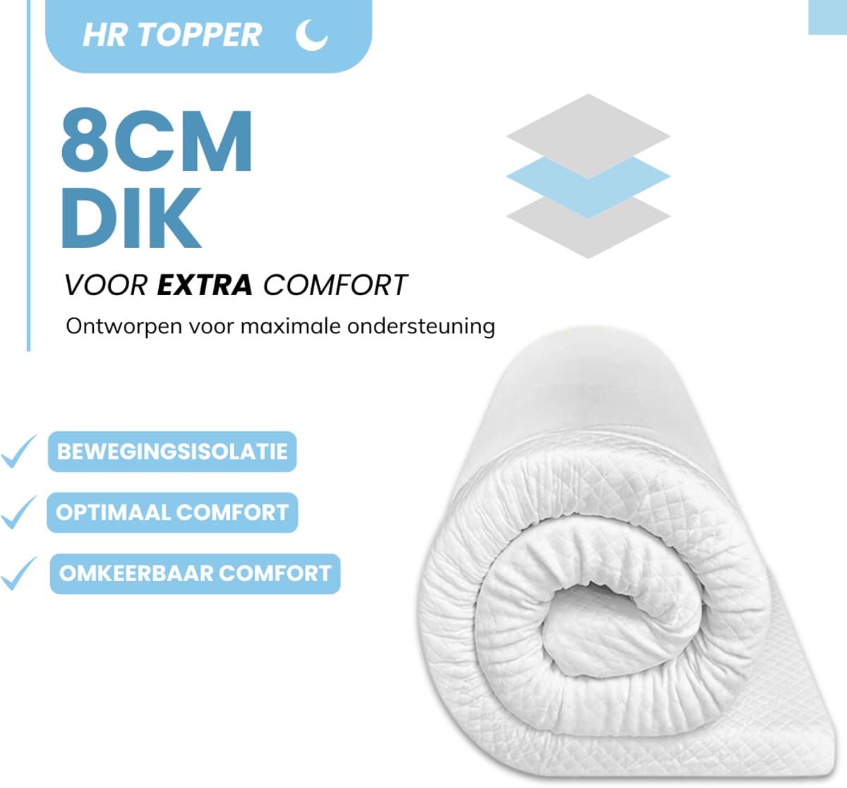 Maan matras® - Topper 160x200 - Topmatras - Topdekmatras - 8cm dik - HR Koudschuim - Afritsbaar en wasbaar - Medium Hardheid - Matrastopper - Topper Hotel XL thumbnail 2