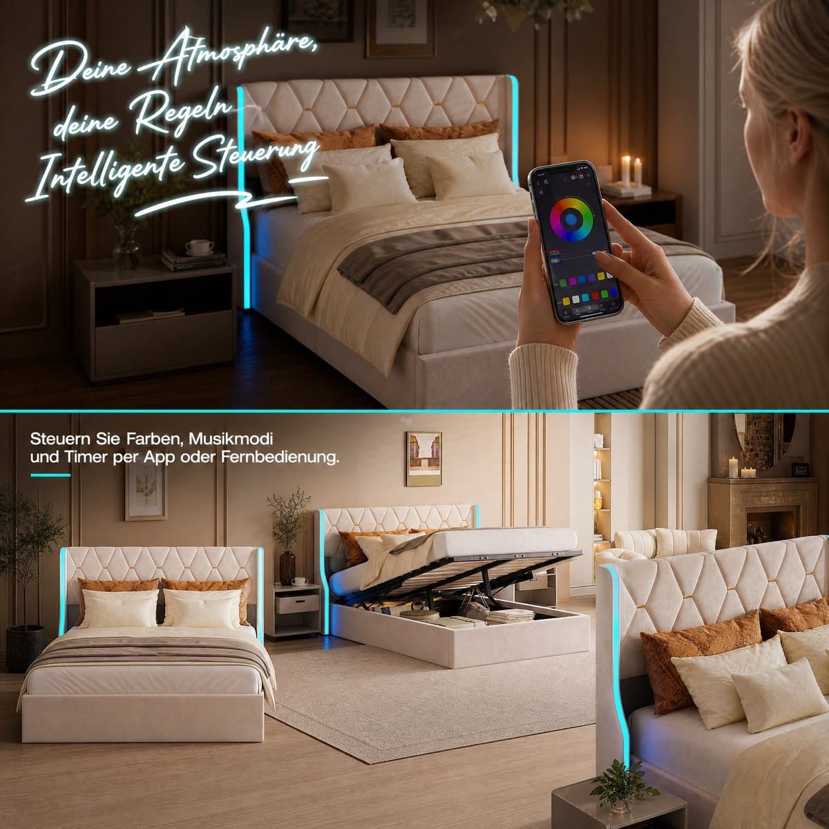 Hydraulisch Opbergbed 160x200 cm - Beige Fluweel met RGB LED en Grote Opbergruimte thumbnail 7