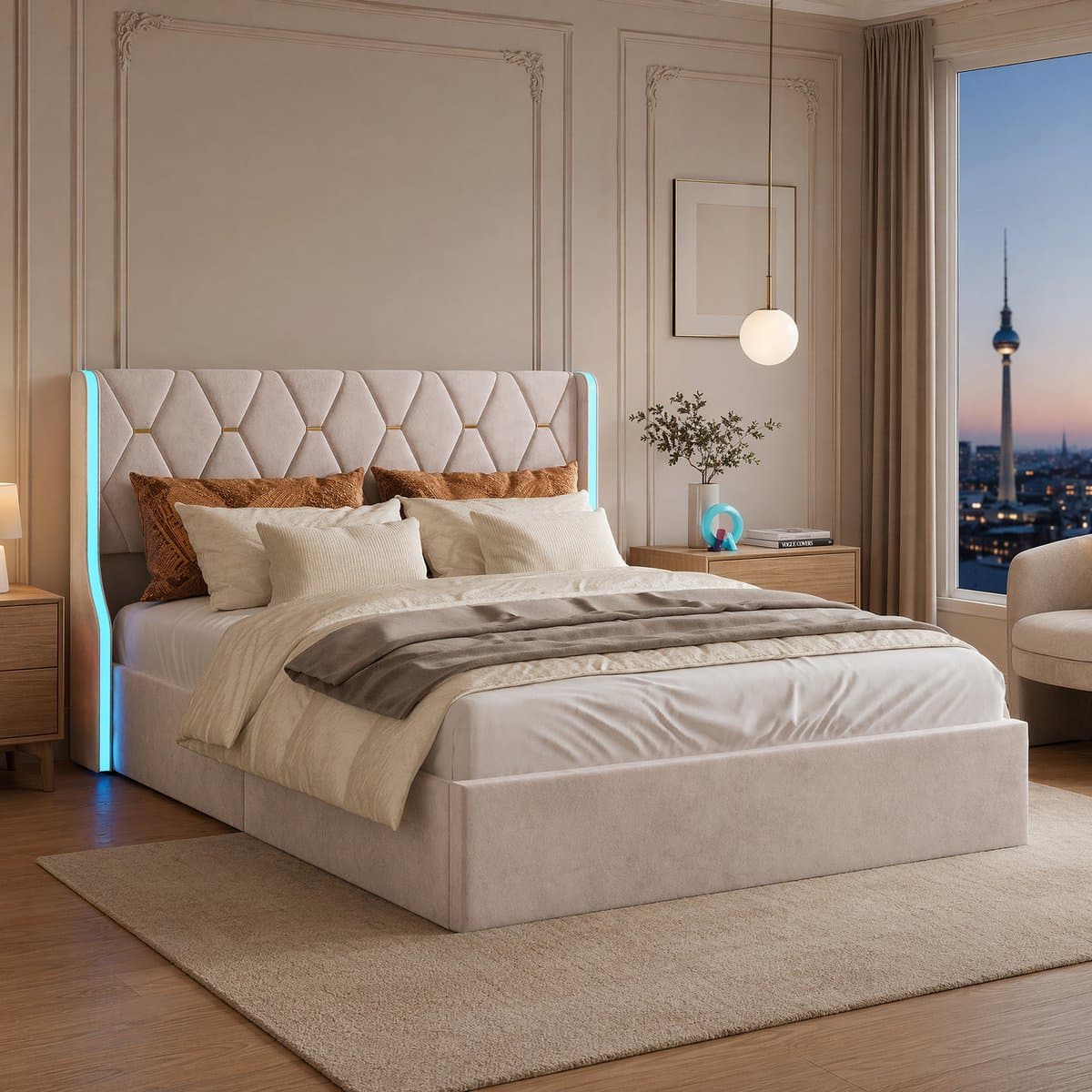 Hydraulisch Opbergbed 160x200 cm - Beige Fluweel met RGB LED en Grote Opbergruimte