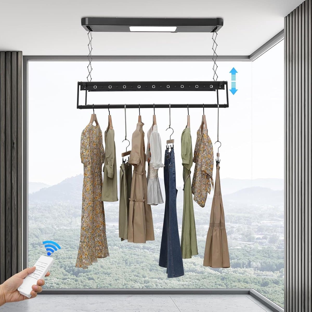Elektrisch Droogrek - Plafond Drooglift - Kleding Drogen - Afstandsbediening Bediening - 35 kg Draagvermogen - Zwart thumbnail 4