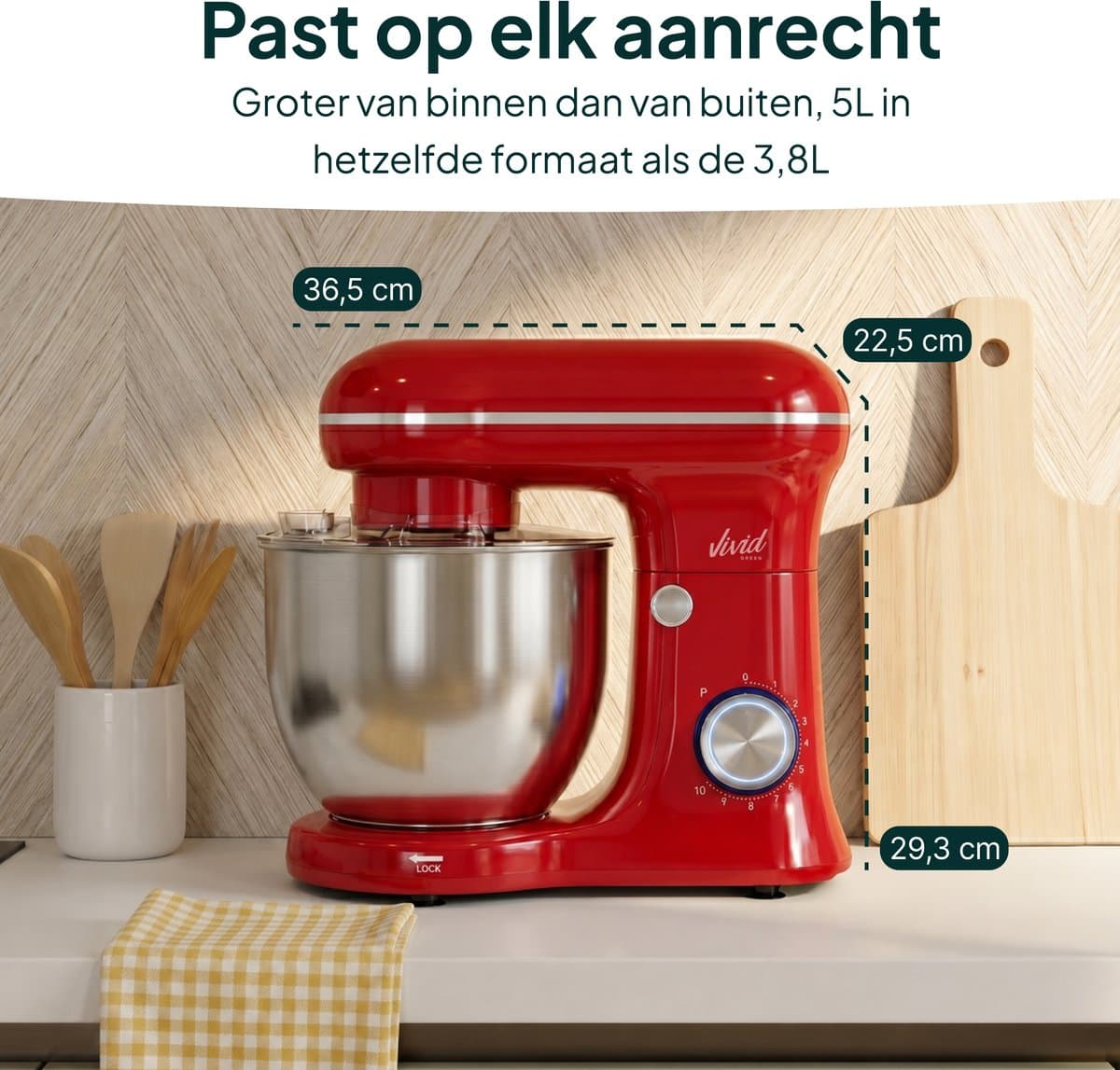 Vivid Green 1500W Keukenmixer - 5L Mengkom - 10 Snelheden - Keukenmachine - Keukenrobot - Rood thumbnail 3