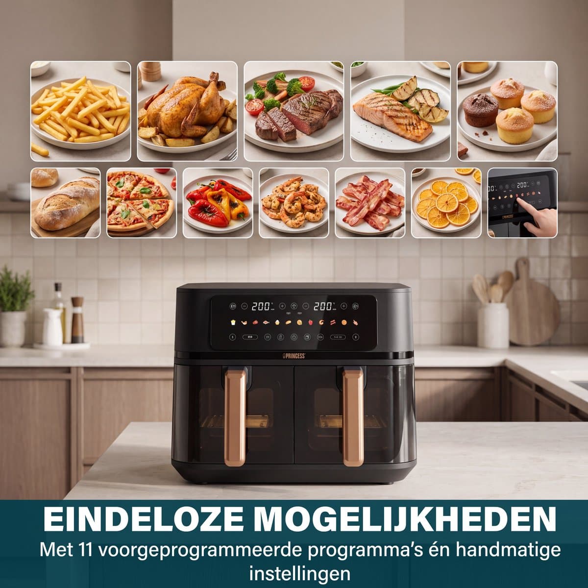 Princess 182272 Dubbele Airfryer - 2x 4.5L - 9 liter - 2 manden - XXL - Touchscreen - Kijkvenster - 12 programma's - 3100W thumbnail 2