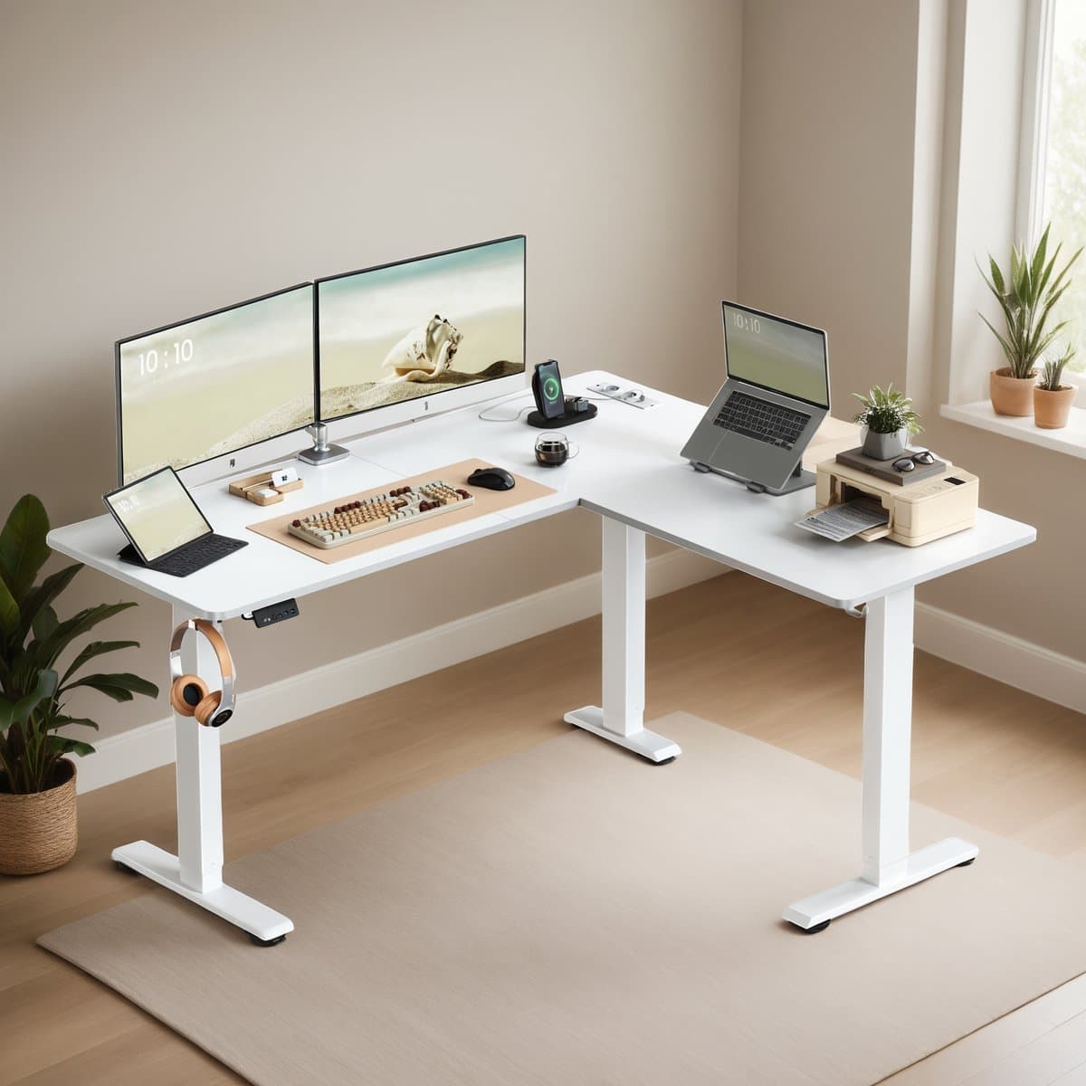 VASAGLE - Bureau - Zit Sta Bureau - L-vormig Hoekbureau - Met Stekkerdoos en Geheugenfunctie thumbnail 4